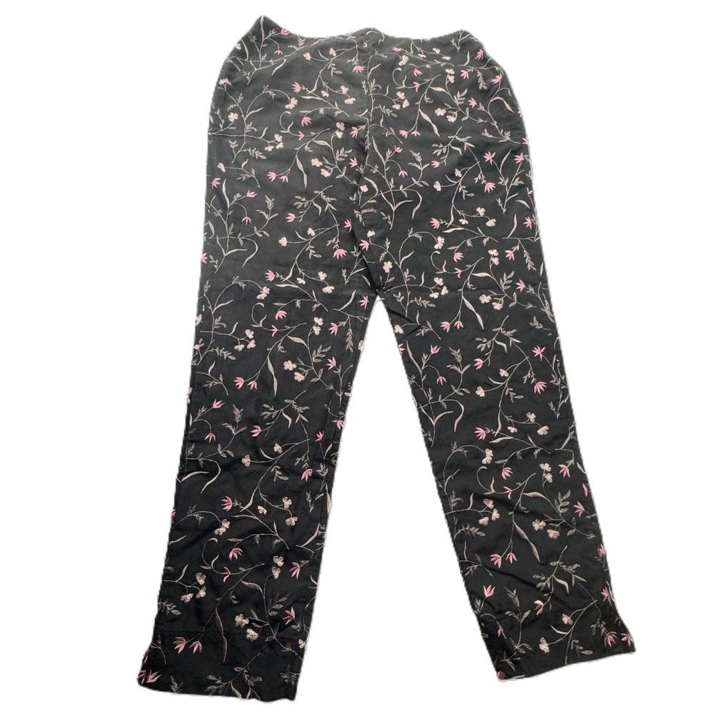 Burns Embroidered Black Silk Ankle Pants Womens 8 Pink Floral Botanical Luxury - Picture 12 of 12